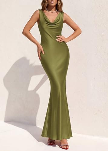KIRUNDO Womens Summer Cowl Neck Sleeveless Satin Maxi Dress Elegant Bodycon Cocktail Wedding Guest Party Long Dresses(Army Green, X-Large) - Thumbnail 2