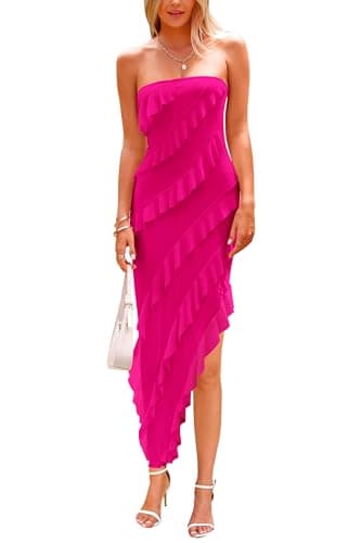 PRETTYGARDEN Summer Wedding Guest Dresses for Women 2025 Strapless Tube Ruffle Elegant Dinner Cocktail Long Dress (Rose Red,Large) - Image 1