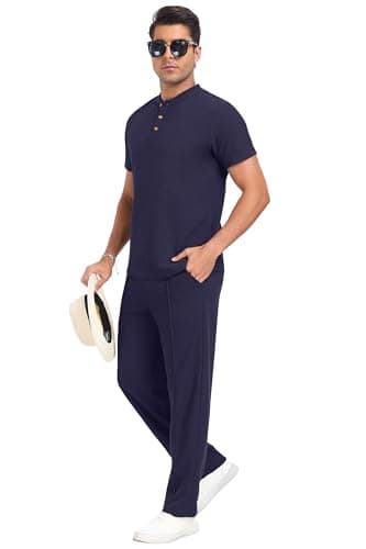 PrinStory Men's Short Sleeve Outfits Waffle Knit Henley Shirt and Pants Set Casual 2 Pieces Summer Tracksuits with Pockets Navy Blue-M - Thumbnail 3