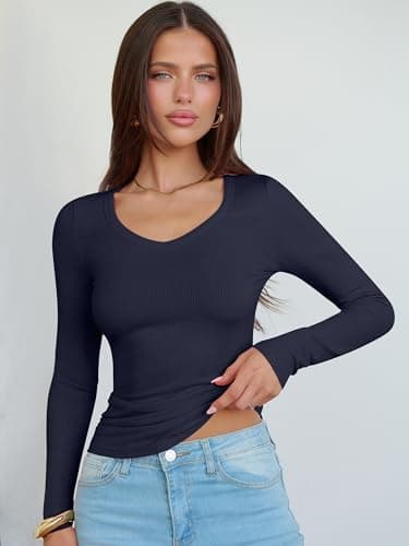 ANRABESS Long Sleeve V Neck Shirts for Women Navy Blue L - Thumbnail 6