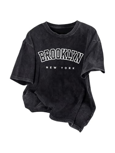 GORGLITTER Women's Vintage Graphic T-Shirts Y2k Hiphop Funny Print Acid Wash Tshirt Round Neck Short Sleeve Summer Tee Top Black Letter Print Small - Image 1