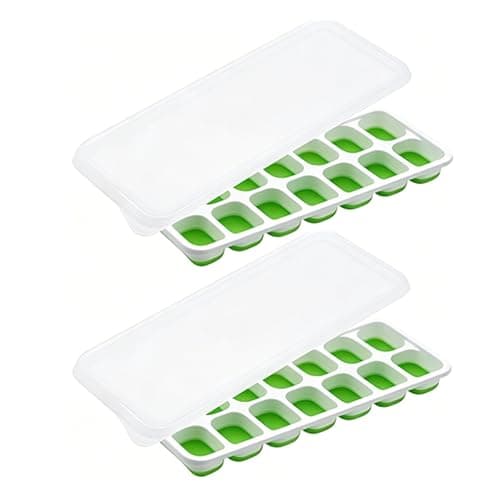 2 Packs 28 Cubes Silicone Ice Cube Trays with Lids - Easy Release Flexible Ice Molds for Freezer, BPA Free Stackable Ice Making Trays(Green)