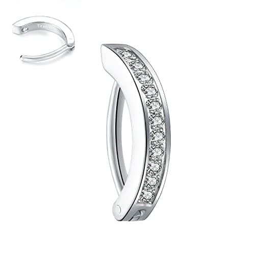 VOJO 14G G23 Titanium Clicker Belly Button Ring,10/12mm Reverse Curved Hoop Navel Barbell Piercing Jewelry (Silver Diamonds,14G 12mm)