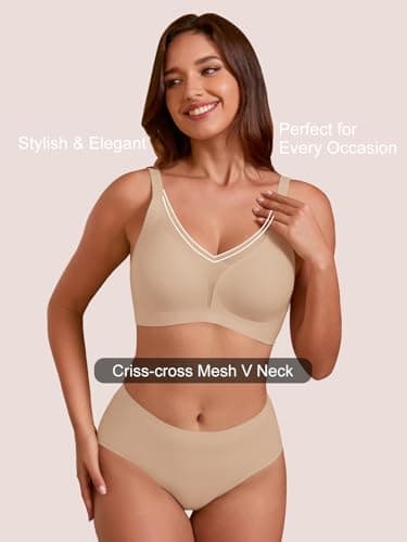 COCOMARTS Jelly Bras for Women No Underwire Push Up Deep V Mesh Comfort T Shirt Bralette Wireless Seamless Everyday Bra Nude XX-Large - Thumbnail 3