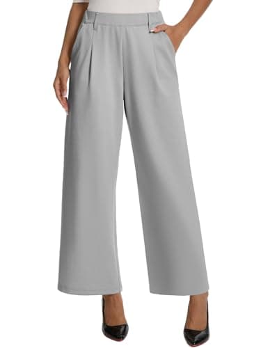 Amzdora Women’s Casual Wide Leg Pants High Waisted Stretch Pull On Palazzo Trousers Loose Flowy Lounge Pants with Pockets Light Gray - Image 1