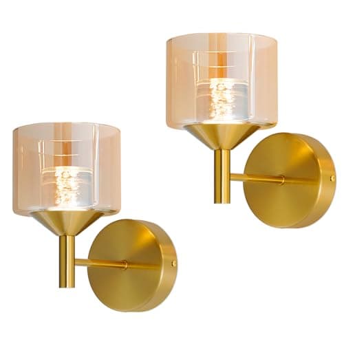 TYhogar Wall Sconces Set of Two,Gold Wall Lights with Amber Glass,Acrylic Bubble Wick Sconces Wall Decor Set of 2,Hardwired 3 Color Temperature Wall Sconce for Bathroom,Bedroom,Living Room