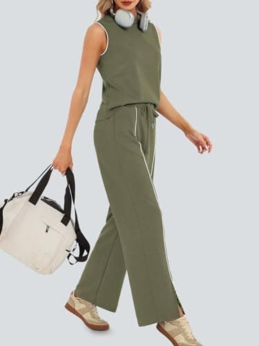 Casly Lamiit Lounge Set Women 2 Piece Sets Summer Workout Sets Sleeveless Airport Vacation Outfits Army Green 2XL - Thumbnail 3