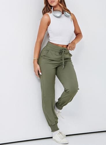 Dokotoo Women's Pants High Waisted Drawstring Joggers Pants Elasticity Casual Flowy Pant Cuffed Plain Jogging Spirng Summer Outfits Workout Lounge Sweatpants Green Large - Thumbnail 6