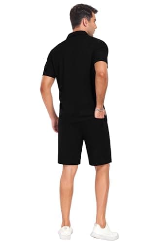 PrinStory Mens Short Sleeve Outfits 2 Piece Summer Beach Button Down Shirts and Shorts Set Tracksuit with Pockets Black-2XL - Thumbnail 5