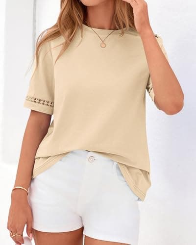BTFBM Short Sleeve Shirts for Women 2026 Lace Summer Tops Spring Casual Loose Crew Neck T-Shirt Cute Vacation Outfits(Apricot, Small) - Thumbnail 4