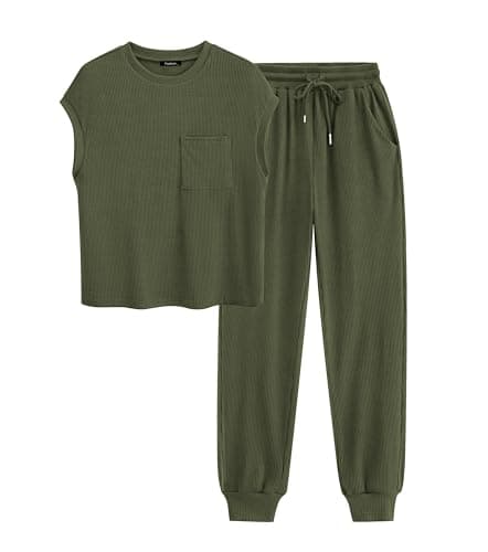 BTFBM 2 Piece Outfits for Women Summer Casual Short Sleeve Tops and Long Pants Lounge Sets Tracksuits(Solid Army Green,Medium)