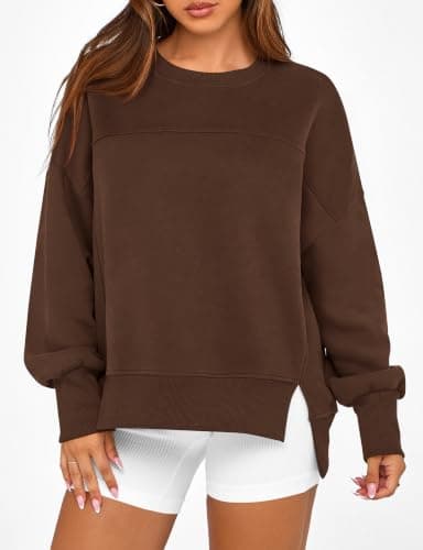 BTFBM Women's Casual Crewneck Sweatshirts 2026 Spring Long Sleeve Side Slit Workout Fleece Pullover Top Fall Fashion Clothing(Coffee, Small) - Thumbnail 2