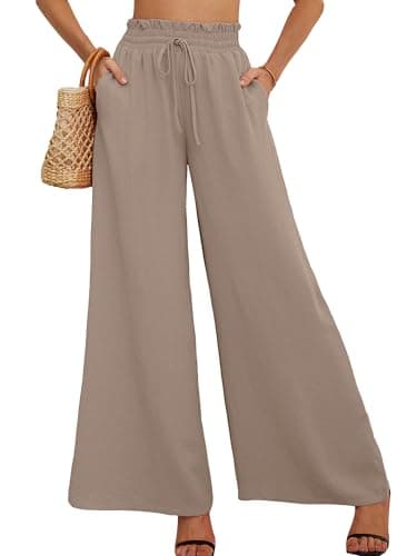 AusLook Women's Wide Leg Dress Pants with Pockets Wheat X-Large Lightweight Elastic High Waisted Adjustable Tie Knot Flowy Loose Slacks Lounge Casual Ladies Beach Pleated Trousers - Image 1
