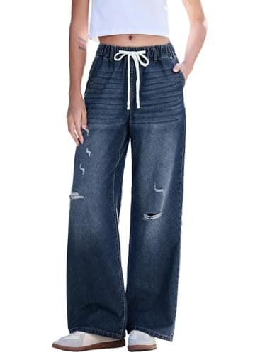 Dokotoo Jeans for Women Casual Trendy Mid Rise Wide Leg Loose Fit Stretch Ripped Drawstring Denim Pants Straight Leg Baggy Pants 2026 Dirty Blue - Image 1