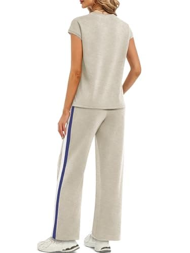 Casly Lamiit 2 Piece Sets for Women Summer Travel Sets Crew Neck Casual Pants Set Cap Sleeve Matching Sets Clothing Dark Beige L - Thumbnail 4