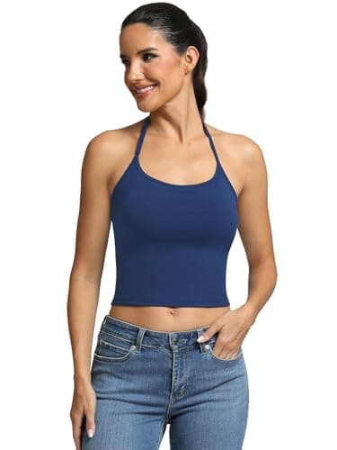 Fihapyli ICTIVE Sports Bras for Women Halter Neck Spaghetti Strap Padded Backless Workout Yoga Running Bra﻿﻿ DarkBlue M - Image 1