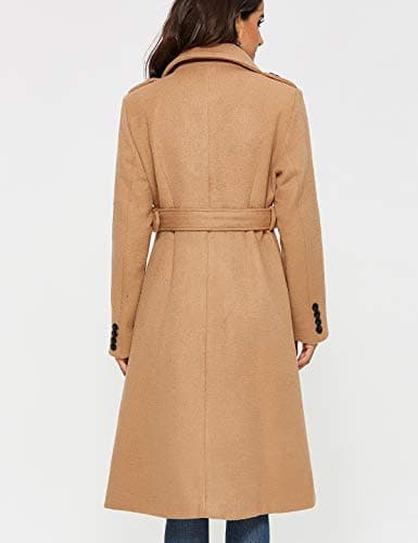Escalier Womens Wool Coat Double Breasted Pea Coat Winter Long Trench Coat with Belt Camel L - Thumbnail 5