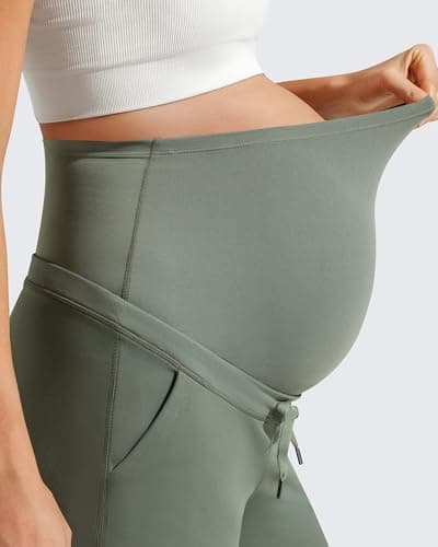 G4Free Pregnancy Shorts Over Bump Drawstring Postpartum Shorts with Pockets Summer Maternity Workout Yoga Casual(Gray Sage,S) - Thumbnail 2