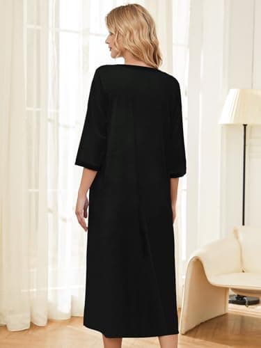PITINAN House Dress for Women Zipper Front Robes Short Sleeve Nightshirt Zip Front Bathrobe Nightwear Mumu Dresses House Dress With Pockets Black XL - Thumbnail 3