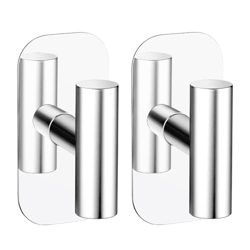 IMUMU Adhesive Towel Hooks for Shower,Waterproof Heavy Duty Bathroom Hooks,Wall Mounted Sticky Hangers for Coats/Aprons/Robes,No Drilling(Mirror,2 Pack) - Image 1
