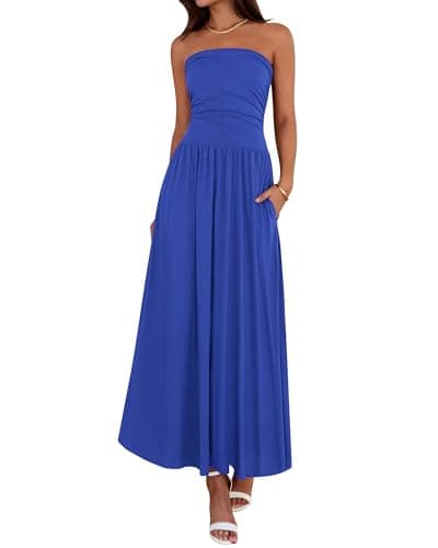 BTFBM Summer Maxi Dresses for Women 2026 Strapless Ruched Tube Top Beach Vacation Spring Wedding Guest Dress Pockets (Royal Blue, XX-Large) - Image 1