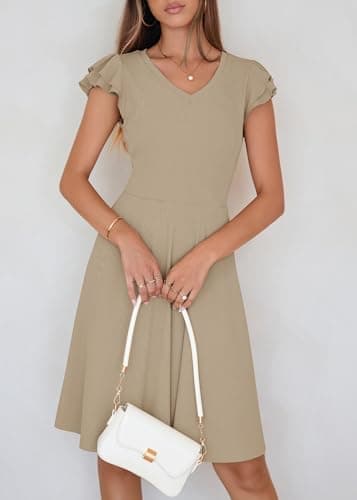 Lazysmile Summer Dresses for Women Ruffle Short Sleeve V Neck A Line Swing Ribbed Knit Casual Mini Short Dress Khaki - Thumbnail 5