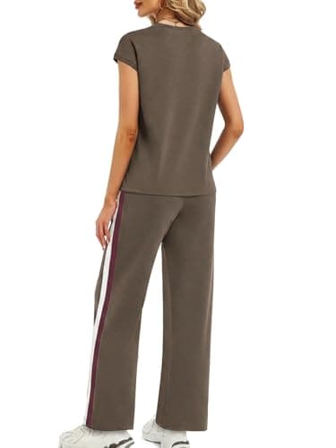 Casly Lamiit Women's 2 Piece Outfits Travel Set Track Suits Casual Shorts Workout Set Short Sleeve Crew Neck Jumpsuits Coffee XS - Thumbnail 5
