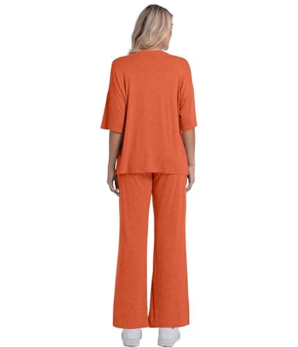 YOAKUKA Women's Two Piece Lounge Sets Loose Fit Short Sleeve Tops and Wide Leg Pants Casual Matching Travel Outfits Tracksuit - Thumbnail 2