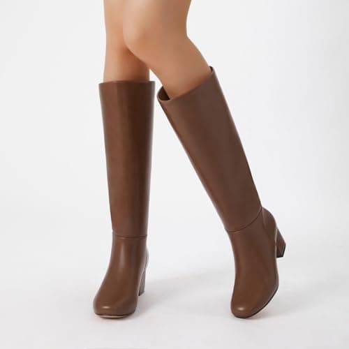 Athlefit Knee High Boots Women Chunky Block Heel Tall Boots Square Toe Fashion Slip On Tan Booties Size 6.5 - Thumbnail 6