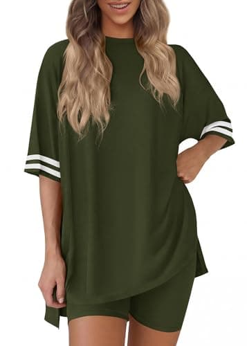 KIRUNDO Women's 2 Piece Lounge Set Airport Travel Outfit 2026 Summer Oversized Shirts Matching Biker Shorts Fashion Clothing(Army Green, Large) - Image 1