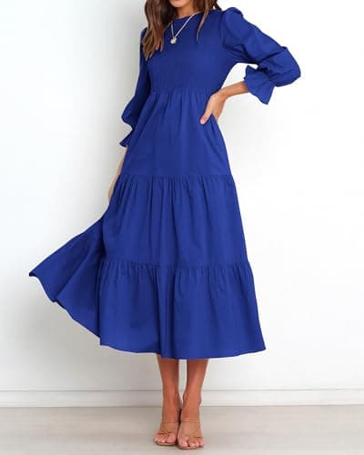BTFBM Women Casual Long Sleeve Dress Fall Dresses 2025 Solid Color Relaxed Fit Smocked Tiered Flowy Boho Long Dresses(Solid Royal Blue,Medium) - Thumbnail 2