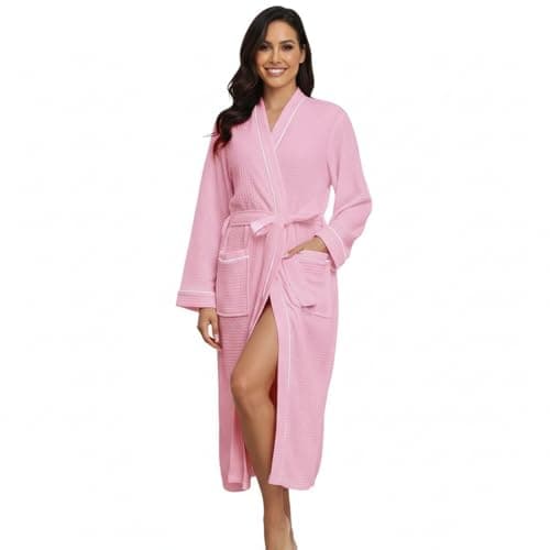 RONGTAI Women's Waffle Robe Soft Long Sleeve Bathrobe with Belted and 2 Pockets Lightweight Loungewear for Sleep Spa Travel (Pink, M) - Image 1