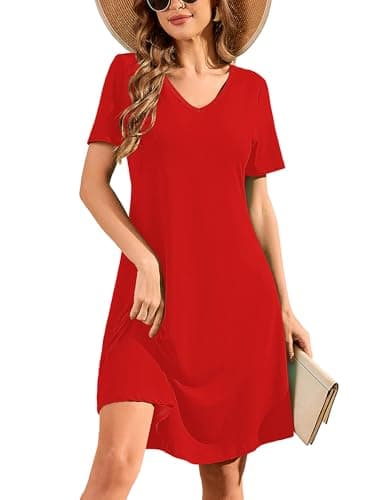 DEARCASE Summer Dresses for Women Red XX-Large Short Sleeve V-Neck Casual Knee Length Wedding Guest T Shirt Dress Boho Flowy Swing Beach Vacation Party Comfy All-Day Mini Sundress - Image 1