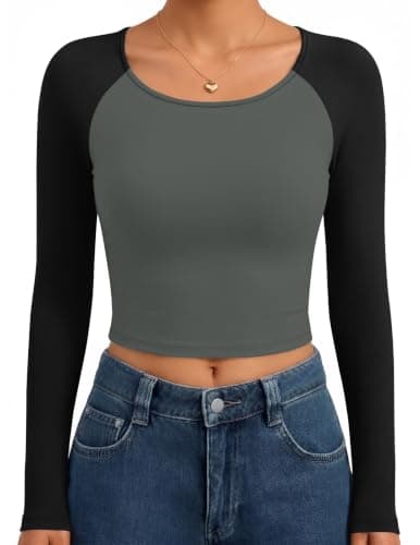 Ekouaer Womens Long Sleeve Tops Scoop Neck Crop Shirts Basic Tight Undershirts Raglan Clothes Grey Black Combo XS - Image 1
