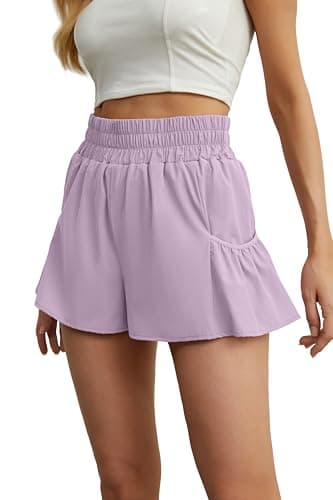 FREEOAK Womens Running Shorts with Liner High Waist Quick Dry Gym Workout Sports Tennis Ruffle Skirts Shorts with Pockets Violet - Image 1