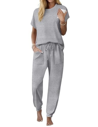 Ekouaer Womens Pajama Sets 100% Cotton Pajamas Short Sleeve Pj Top With Jogger Pants 2 Piece Lounge Set with Pocket Light Grey XL - Image 1