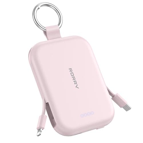 RORRY Portable Charger, 5000mAh Portable Charger Power Bank with Built-in Cables, Travel Keychain Charger Battery Pack for iPhone 17/16/15/14/13/12, for AirPods 2/3/4/Pro, Pink - Image 1