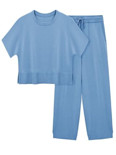 Fisoew Womens 2 Piece Outfits Sweater Sets Knit Split Crop Tops High Waisted Pants Lounge Set - Image 1
