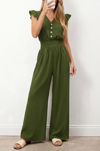 dowerme Women's Jumpsuits Dressy Casual 2026 Summer Ruffle Cap Sleeve V Neck Button Smocked Rompers Wide Leg Overalls(Army Green,Medium) - Thumbnail 2