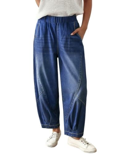 Sidefeel Barrel Jeans Women High Waisted Stretchy Baggy Wide Leg Jeans Elastic Waist Trendy Patchwork Loose Ankle Denim Pants Dark Blue Size 8 - Image 1