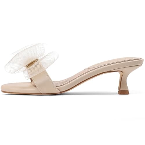 Tarkwa Kitten Heels for Women Open Round Toe Low Heels Sexy Vintage Mules with Bow Slip On Backless Heeled Sandals, Fashion Dress Shoes for Daily, Weeding, Party, Casual Beige 7 - Image 1