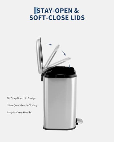 Garvee 1.3 gal Bathroom Trash Can, Step Garbage Can with Soft-Close Lid, Stainless Steel Recycling Bin with Removable Inner Bucket, Rectangular Waste Container for Living Room, Office, Silver - Thumbnail 2