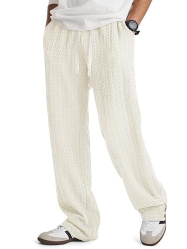JMIERR Mens Baggy Pants Casual Cable Side Slit Hem Drawstring Waist Relaxed Fit Streetwear Pants with Pockets Beige - Image 1