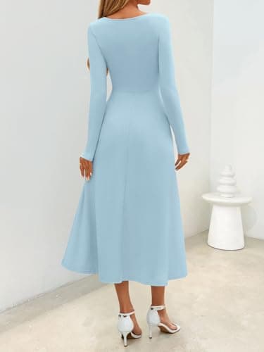 MEROKEETY Women's Fall Dresses 2025 Long Sleeve Square Neck Elegant Classy Winter Cocktail Wedding Guest Midi Dress, LightBlue, Medium - Thumbnail 4