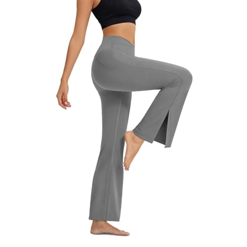 AMLEER Women's V Waist Side Split Wide Leg Yoga Leggings - High Waisted Crossover Stretchy Workout Flare Yoga Pants（Gray, Small - Thumbnail 2