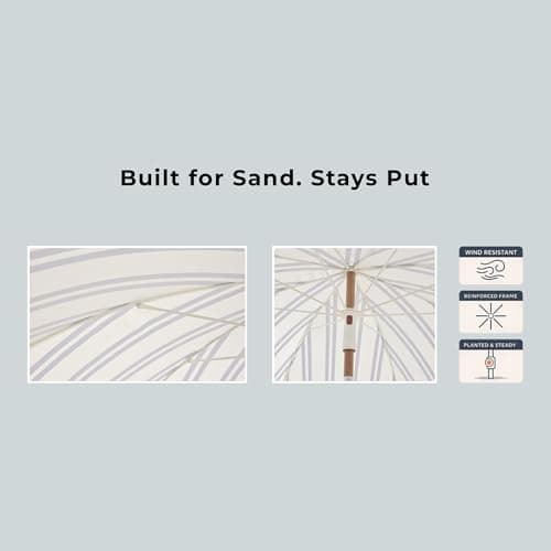 DEER LAND 6FT Stripe Fringe Beach Umbrella for Sand with Sand Anchor, UPF 50+ Sun Shade with Tassels, Adjustable Tilt Pole, Portable Coastal Umbrella for Beach & Pool, Heritage Ocean Blue Stripe - Thumbnail 6