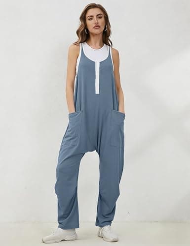 AMEBELLE Jumpsuits for Women Sleeveless Womens Overalls Adjustable Straps Baggy Casual Rompers with Pockets(3071-BlueGrey-M) - Thumbnail 4