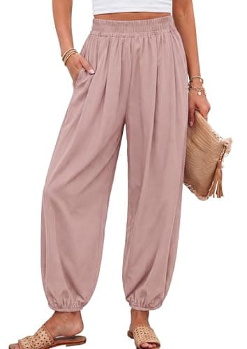 PRETTYGARDEN Womens 2026 Summer Casual Pants High Waisted Loose Wide Leg Palazzo Pockets Lounge Beach Travel Trousers Outfits (Pink,Small)