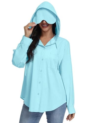 Kimmery UPF 50+ Travel Hoodie with Eye Mask for Women Outdoor Button Up Sun Shirt with Pockets for Airplane Lake Blue M - Thumbnail 2