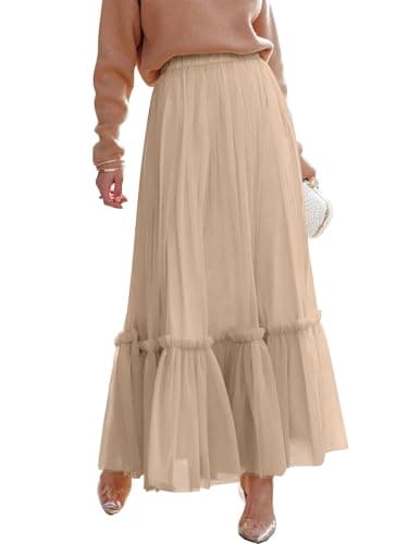 ANRABESS Maxi Skirts for Women Tulle Long Tiered Elastic High Waisted A Line Flowy Dressy Casual Skirt 2026 Fall Trendy Light Tan Small - Image 1